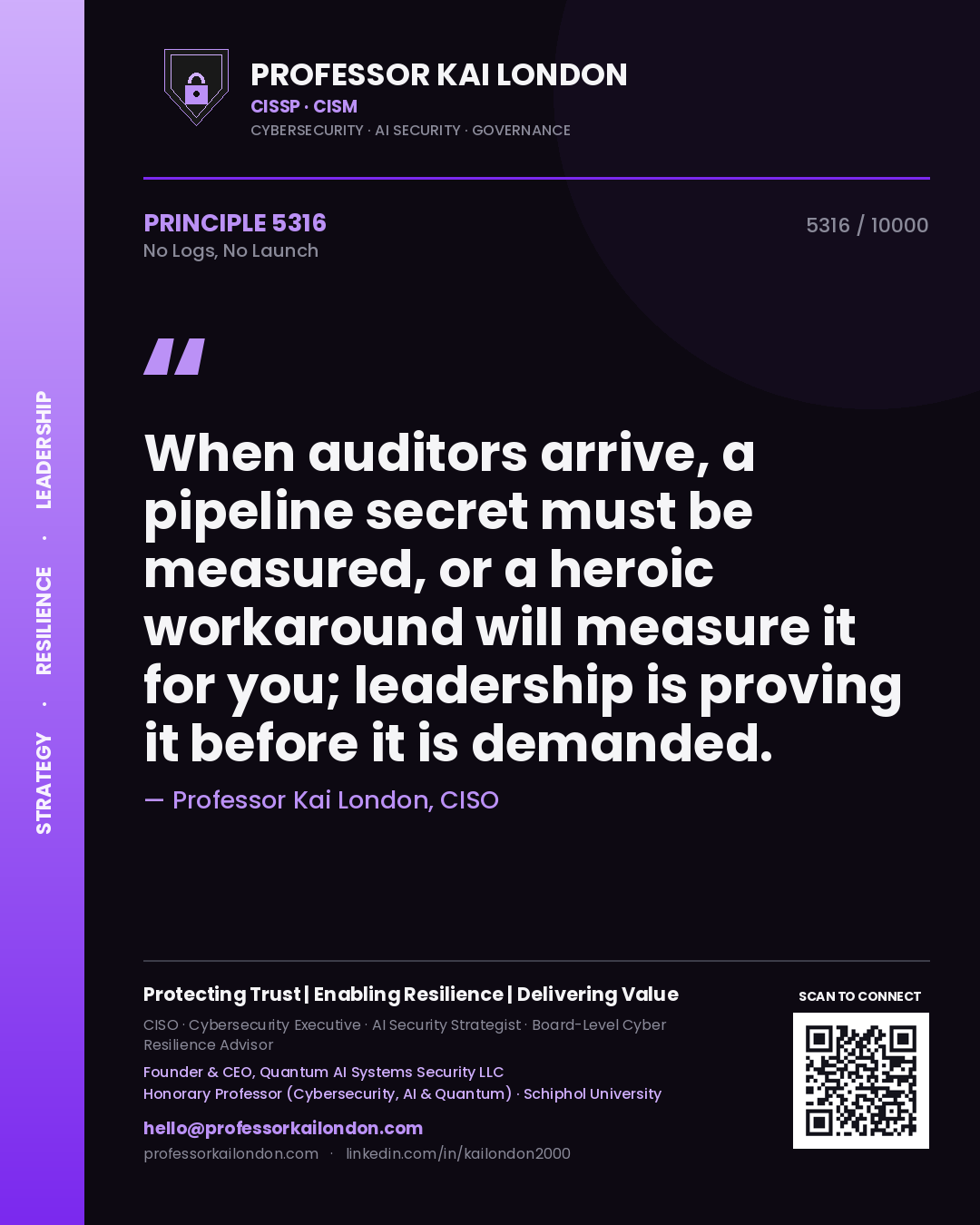 Professor Kai London principle 5316: When auditors arrive, a pipeline secret must be measured, or a heroic workaround will measure it for you; leadership is proving it before it is demanded.