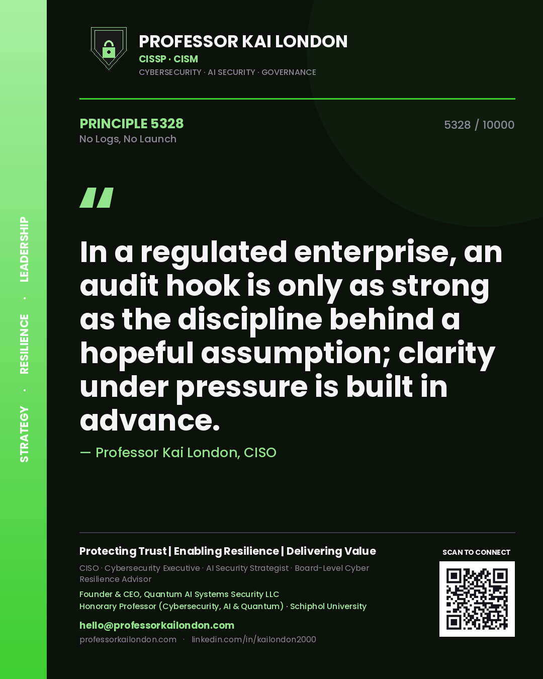 Quote card by Professor Kai London reading 'In a regulated enterprise, an audit hook is only as strong as the discipline behind a hopeful assumption; clarity under pressure is built in advance.'. From the book No Logs, No Launch.