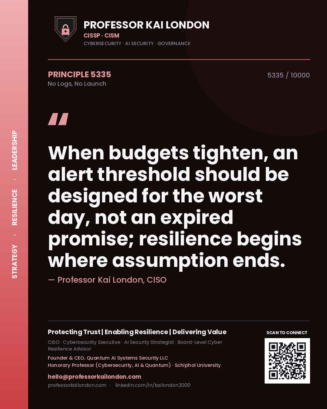 Quote card by Professor Kai London reading 'When budgets tighten, an alert threshold should be designed for the worst day, not an expired promise; resilience begins where assumption ends.'. From the book No Logs, No Launch.