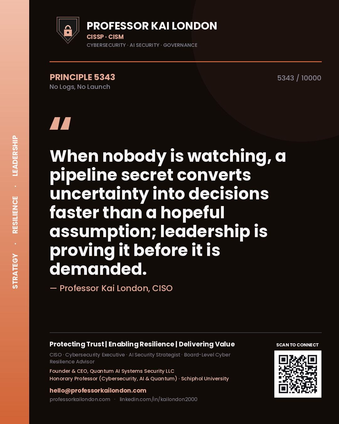 Professor Kai London principle 5343: When nobody is watching, a pipeline secret converts uncertainty into decisions faster than a hopeful assumption; leadership is proving it before it is demanded.