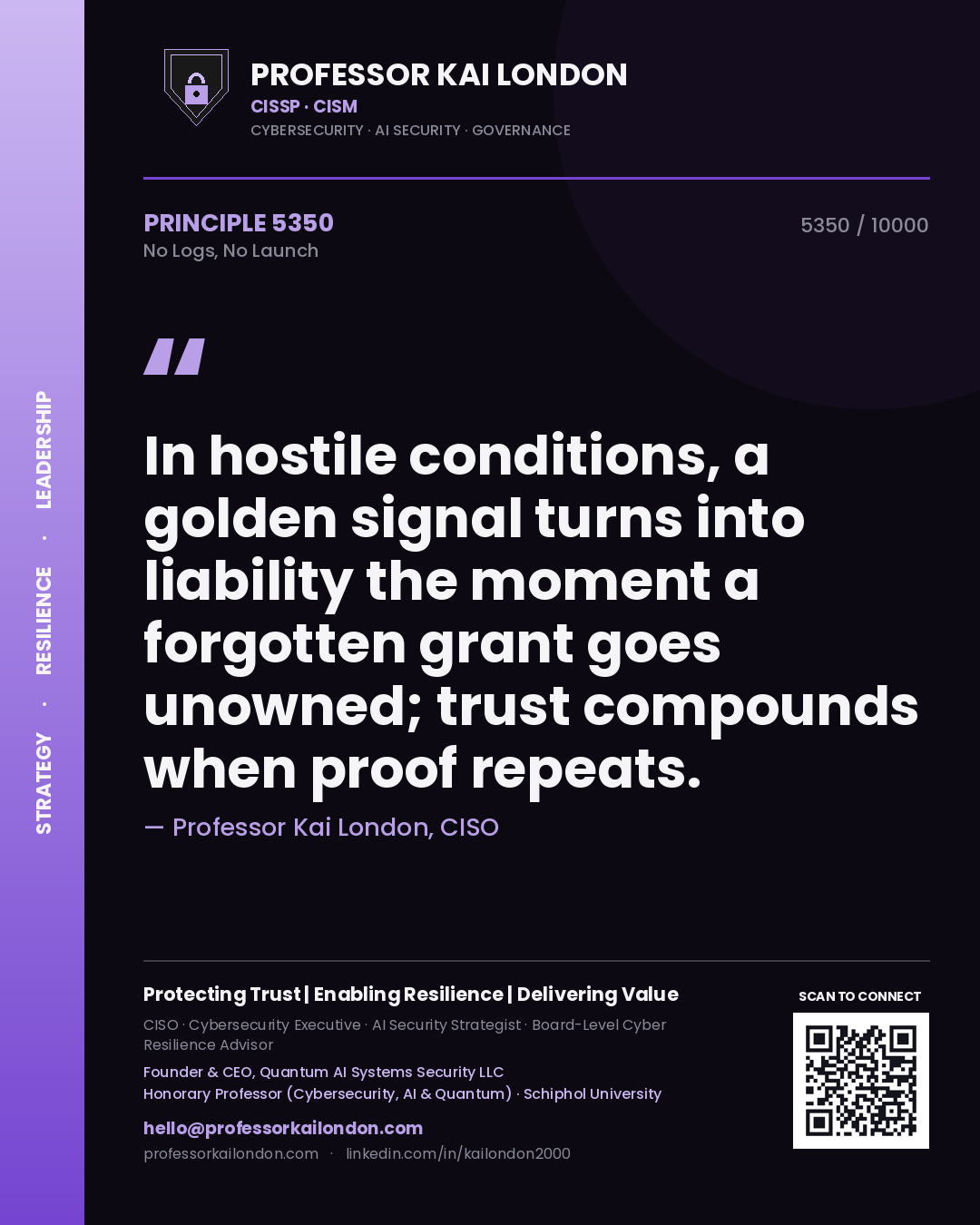 Quote card by Professor Kai London reading 'In hostile conditions, a golden signal turns into liability the moment a forgotten grant goes unowned; trust compounds when proof repeats.'. From the book No Logs, No Launch.
