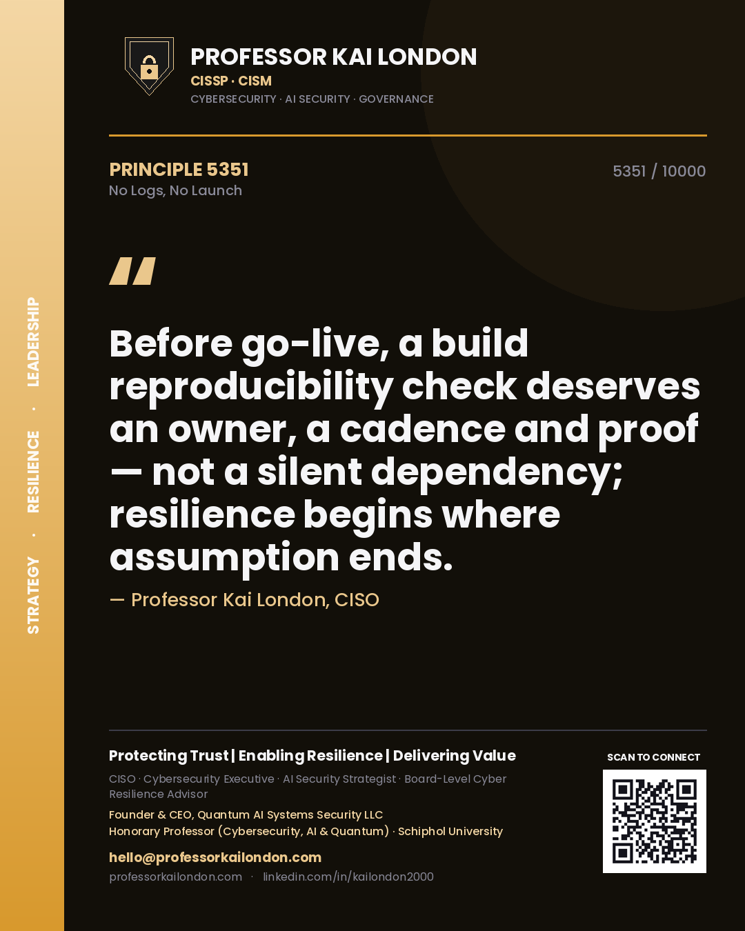 Professor Kai London principle 5351: Before go-live, a build reproducibility check deserves an owner, a cadence and proof — not a silent dependency; resilience begins where assumption ends.