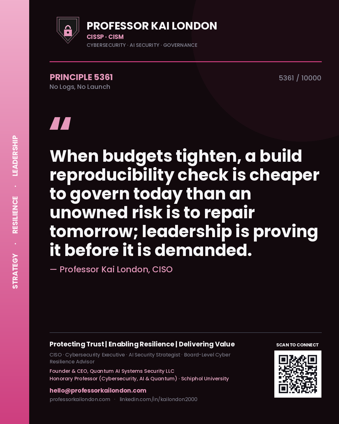 Quote card by Professor Kai London reading 'When budgets tighten, a build reproducibility check is cheaper to govern today than an unowned risk is to repair tomorrow; leadership is proving it before it is demanded.'. From the book No Logs, No Launch.