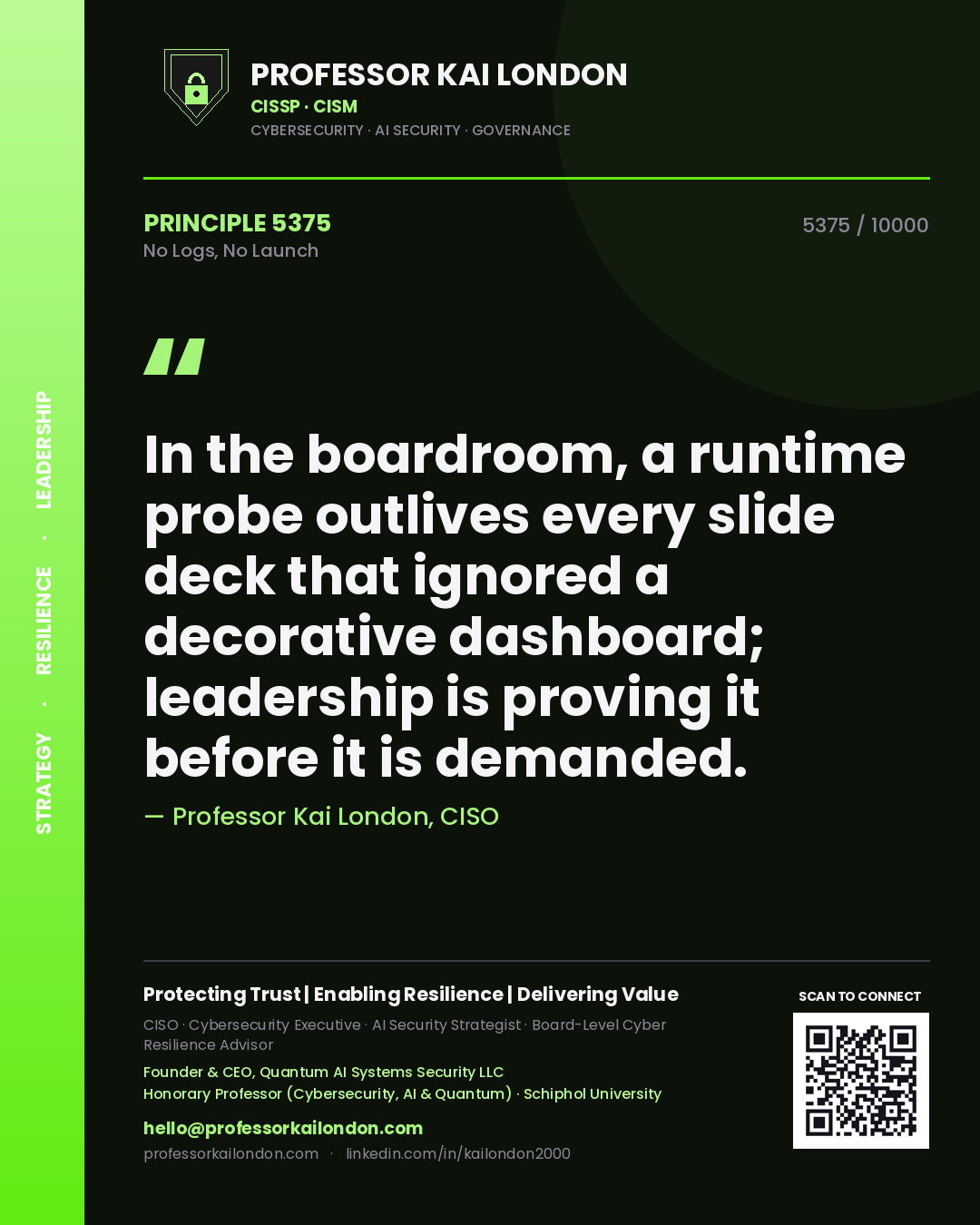 Quote card by Professor Kai London reading 'In the boardroom, a runtime probe outlives every slide deck that ignored a decorative dashboard; leadership is proving it before it is demanded.'. From the book No Logs, No Launch.