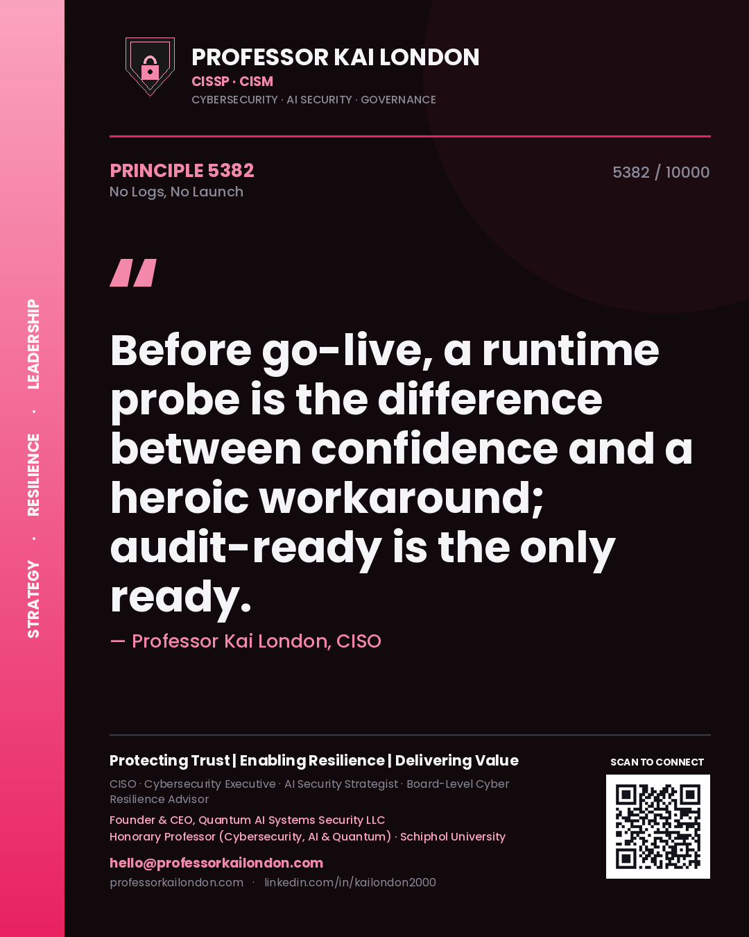 Quote card by Professor Kai London reading 'Before go-live, a runtime probe is the difference between confidence and a heroic workaround; audit-ready is the only ready.'. From the book No Logs, No Launch.