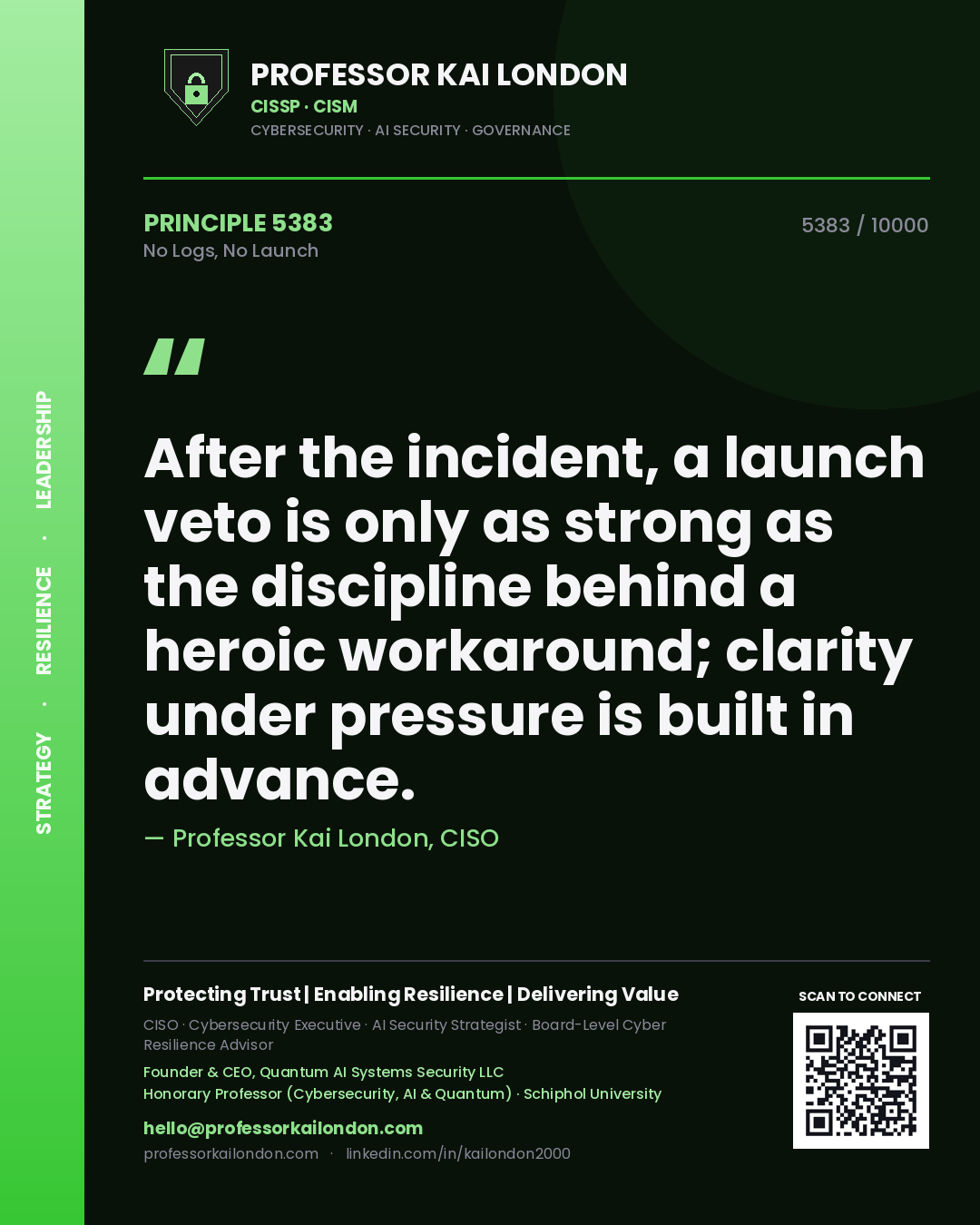 Professor Kai London principle 5383: After the incident, a launch veto is only as strong as the discipline behind a heroic workaround; clarity under pressure is built in advance.