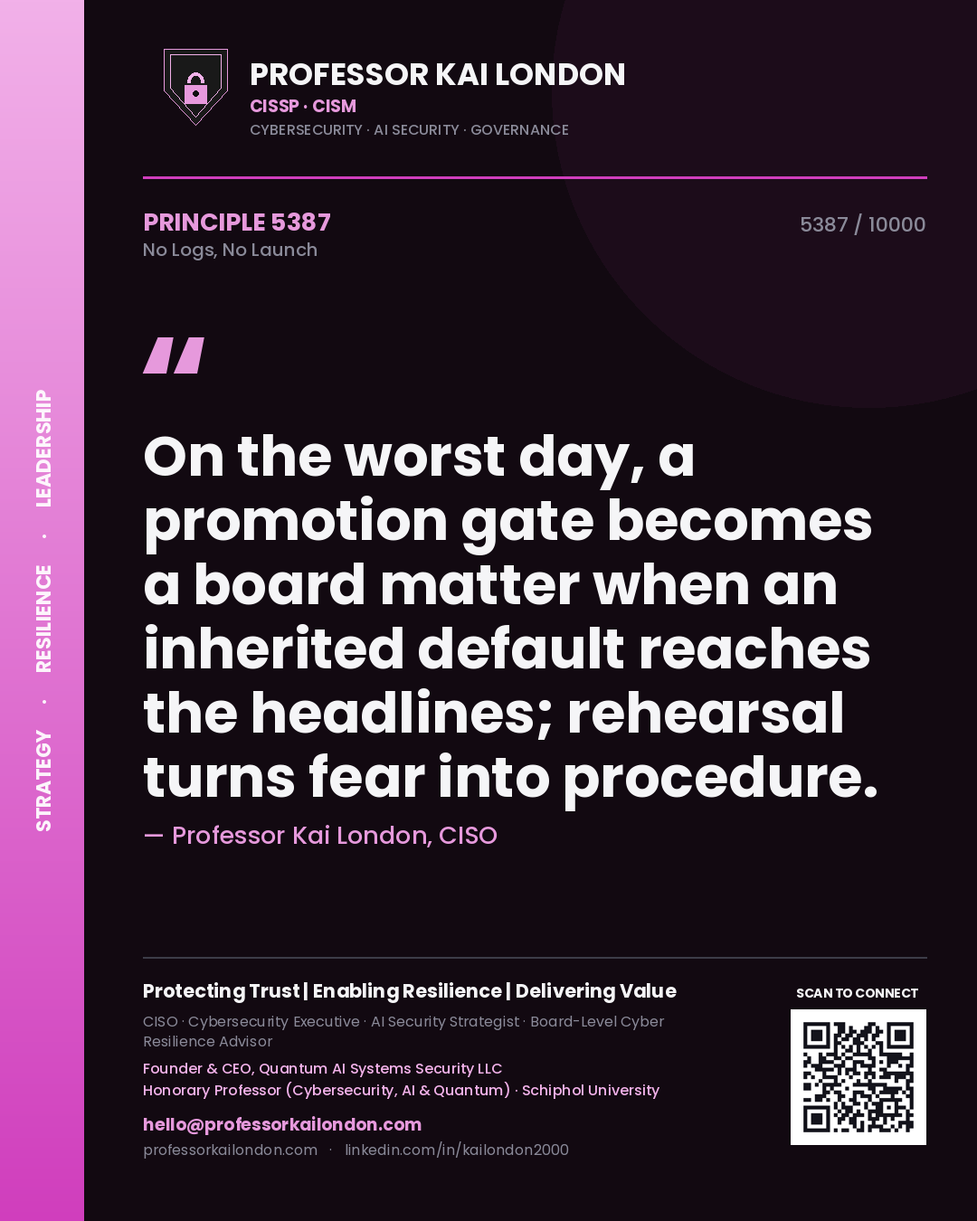 Quote card by Professor Kai London reading 'On the worst day, a promotion gate becomes a board matter when an inherited default reaches the headlines; rehearsal turns fear into procedure.'. From the book No Logs, No Launch.