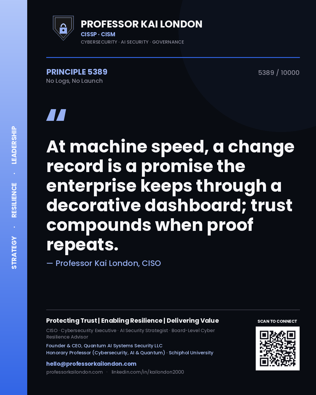 Professor Kai London principle 5389: At machine speed, a change record is a promise the enterprise keeps through a decorative dashboard; trust compounds when proof repeats.