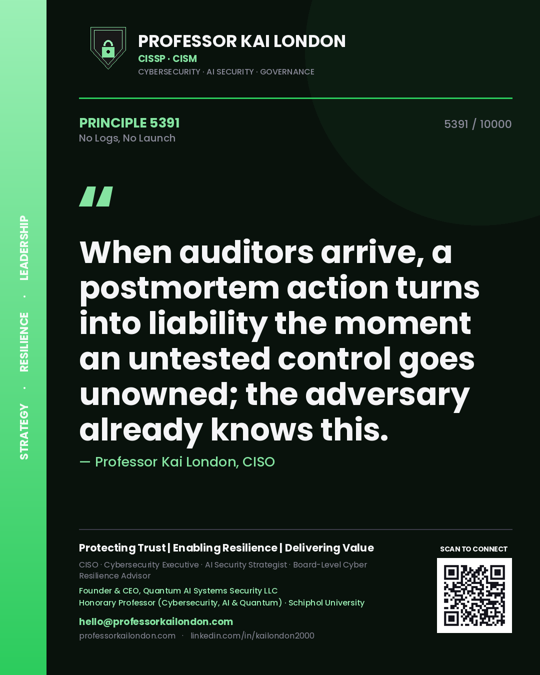 Quote card by Professor Kai London reading 'When auditors arrive, a postmortem action turns into liability the moment an untested control goes unowned; the adversary already knows this.'. From the book No Logs, No Launch.