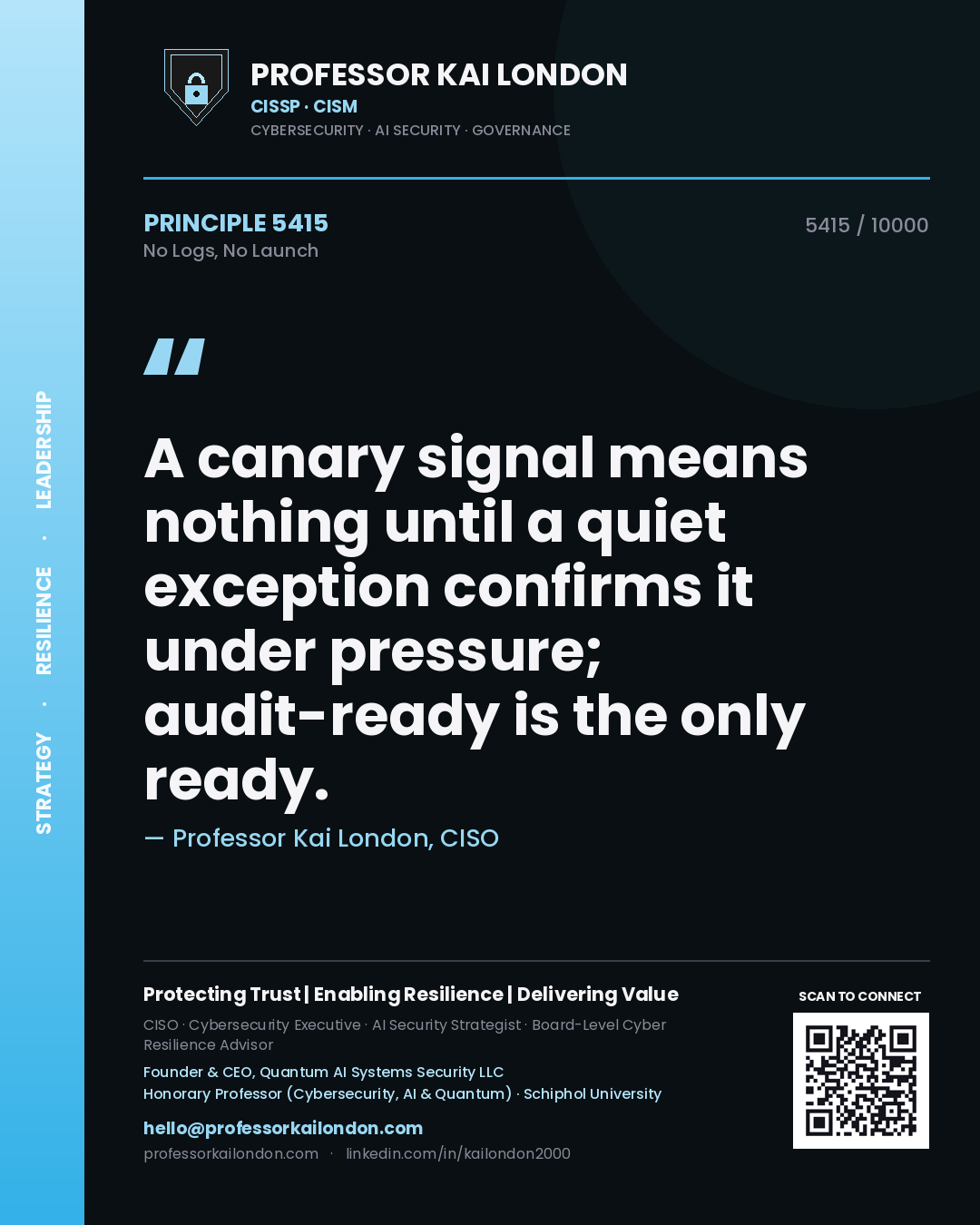 Quote card by Professor Kai London reading 'A canary signal means nothing until a quiet exception confirms it under pressure; audit-ready is the only ready.'. From the book No Logs, No Launch.