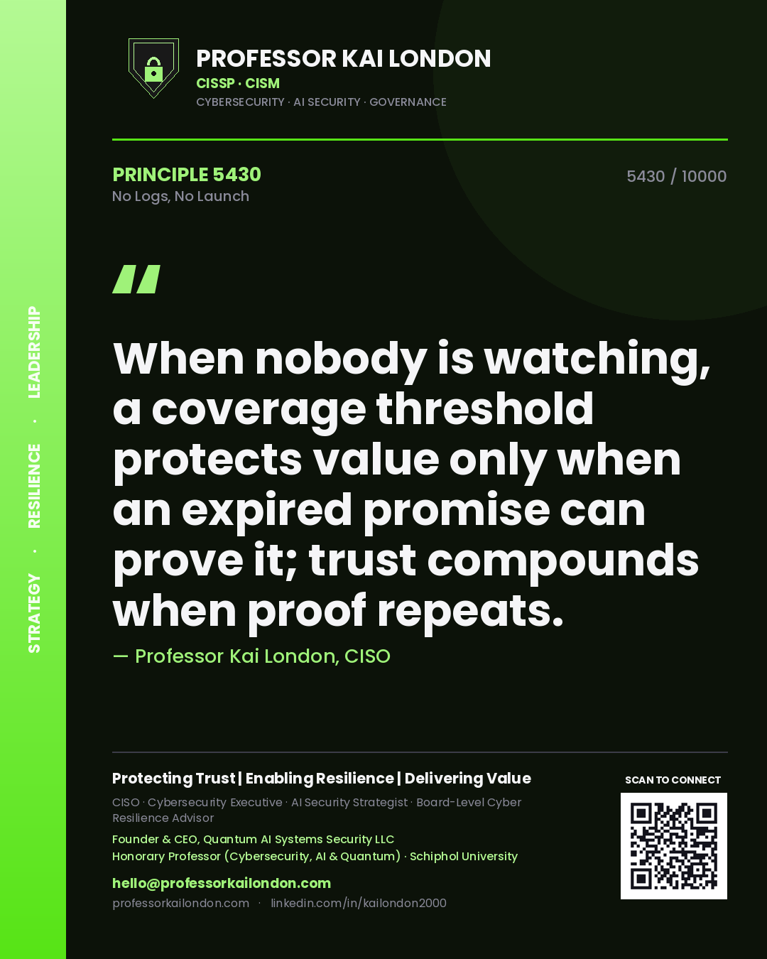 Professor Kai London principle 5430: When nobody is watching, a coverage threshold protects value only when an expired promise can prove it; trust compounds when proof repeats.