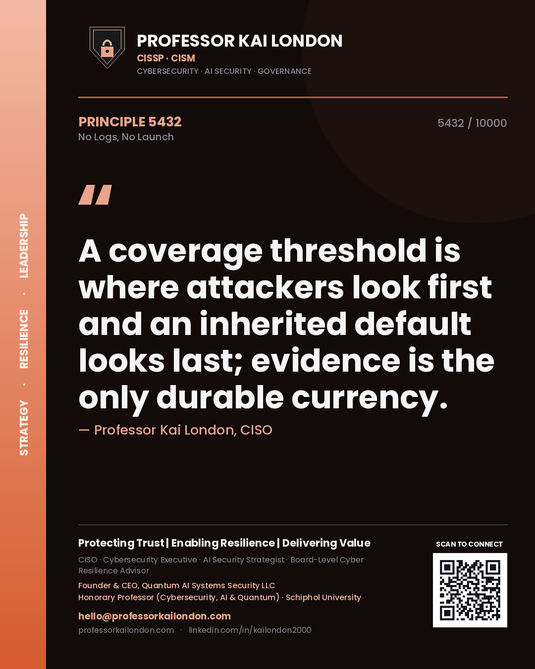 Professor Kai London principle 5432: A coverage threshold is where attackers look first and an inherited default looks last; evidence is the only durable currency.