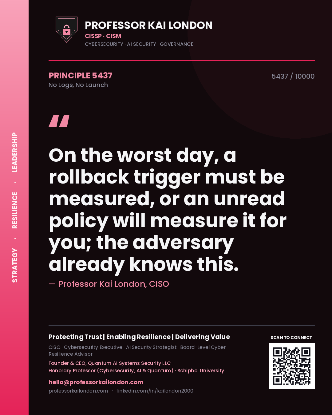 Quote card by Professor Kai London reading 'On the worst day, a rollback trigger must be measured, or an unread policy will measure it for you; the adversary already knows this.'. From the book No Logs, No Launch.