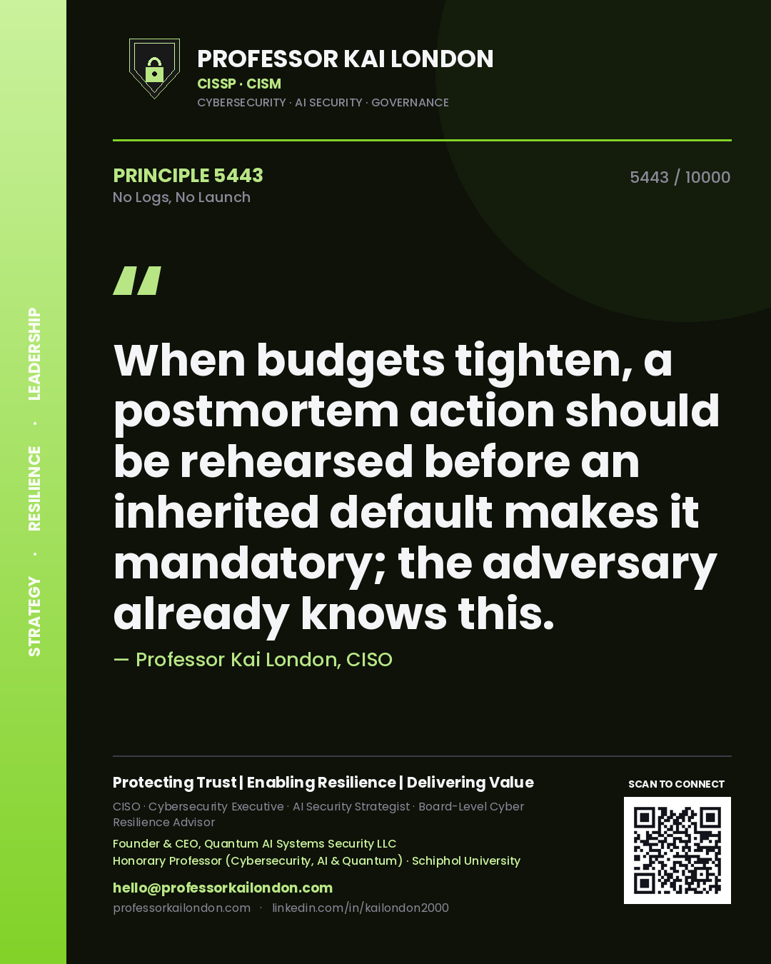 Quote card by Professor Kai London reading 'When budgets tighten, a postmortem action should be rehearsed before an inherited default makes it mandatory; the adversary already knows this.'. From the book No Logs, No Launch.