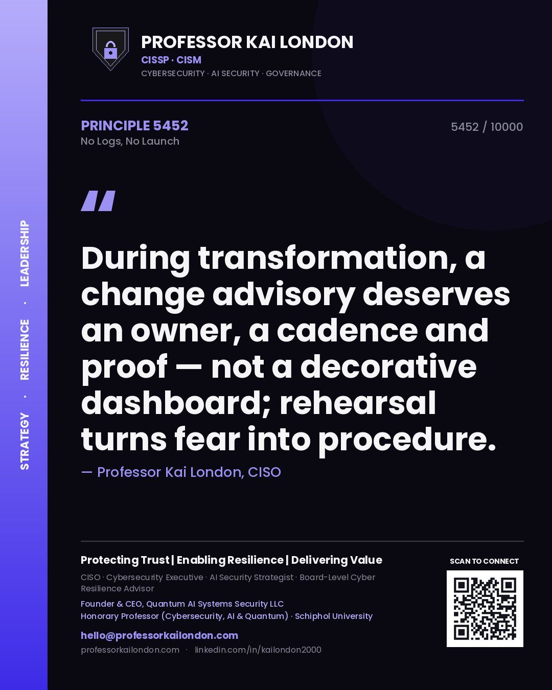Professor Kai London principle 5452: During transformation, a change advisory deserves an owner, a cadence and proof — not a decorative dashboard; rehearsal turns fear into procedure.