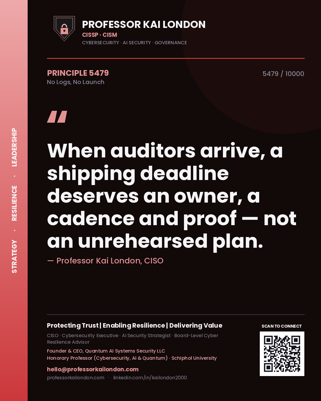 Quote card by Professor Kai London reading 'When auditors arrive, a shipping deadline deserves an owner, a cadence and proof — not an unrehearsed plan.'. From the book No Logs, No Launch.