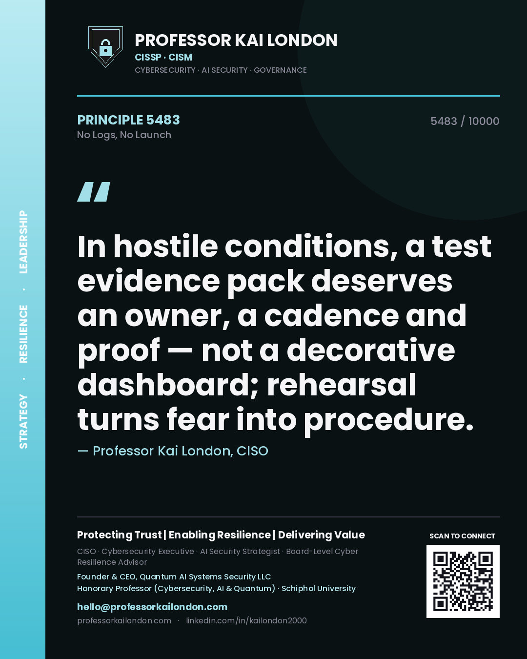 Quote card by Professor Kai London reading 'In hostile conditions, a test evidence pack deserves an owner, a cadence and proof — not a decorative dashboard; rehearsal turns fear into procedure.'. From the book No Logs, No Launch.