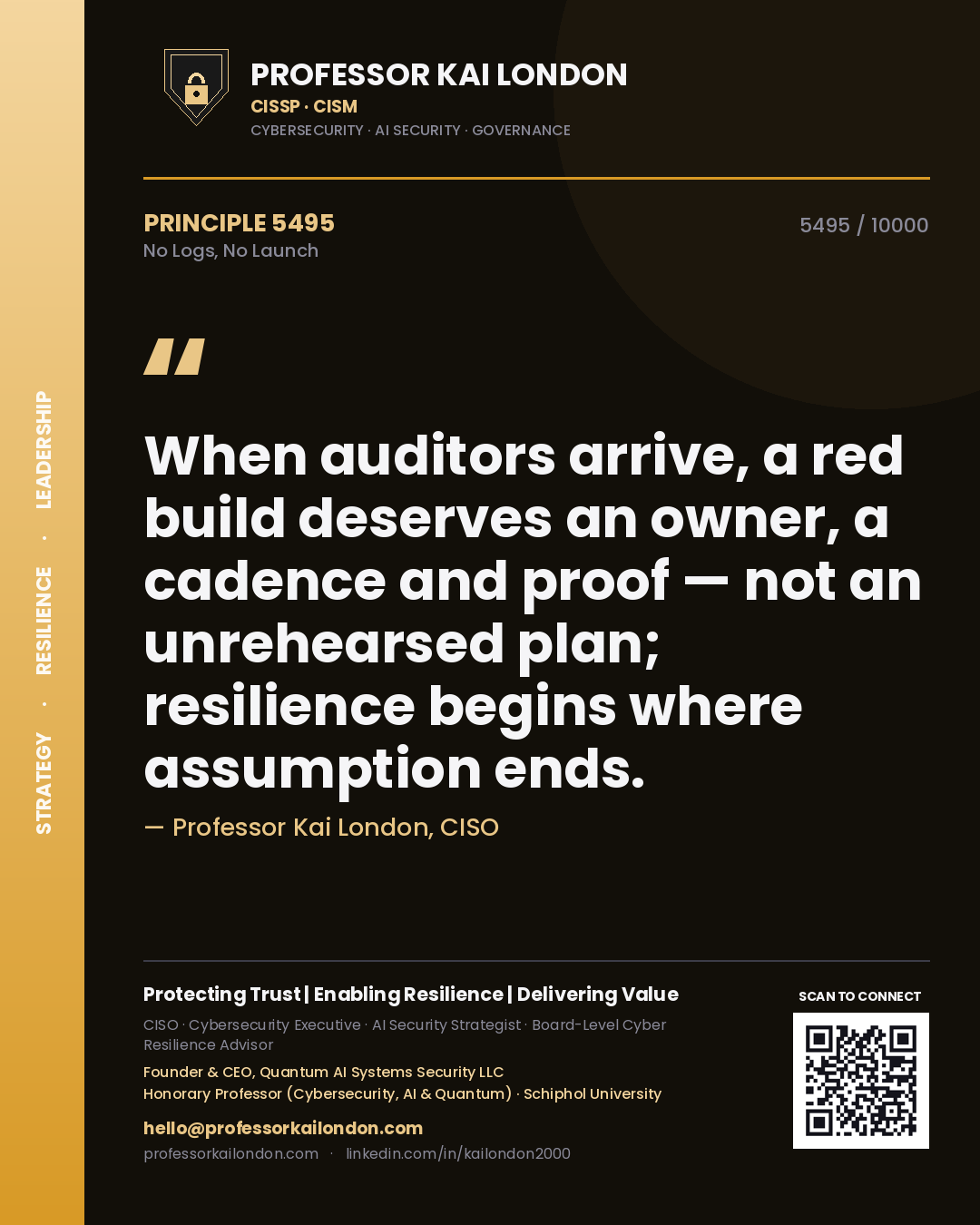 Quote card by Professor Kai London reading 'When auditors arrive, a red build deserves an owner, a cadence and proof — not an unrehearsed plan; resilience begins where assumption ends.'. From the book No Logs, No Launch.