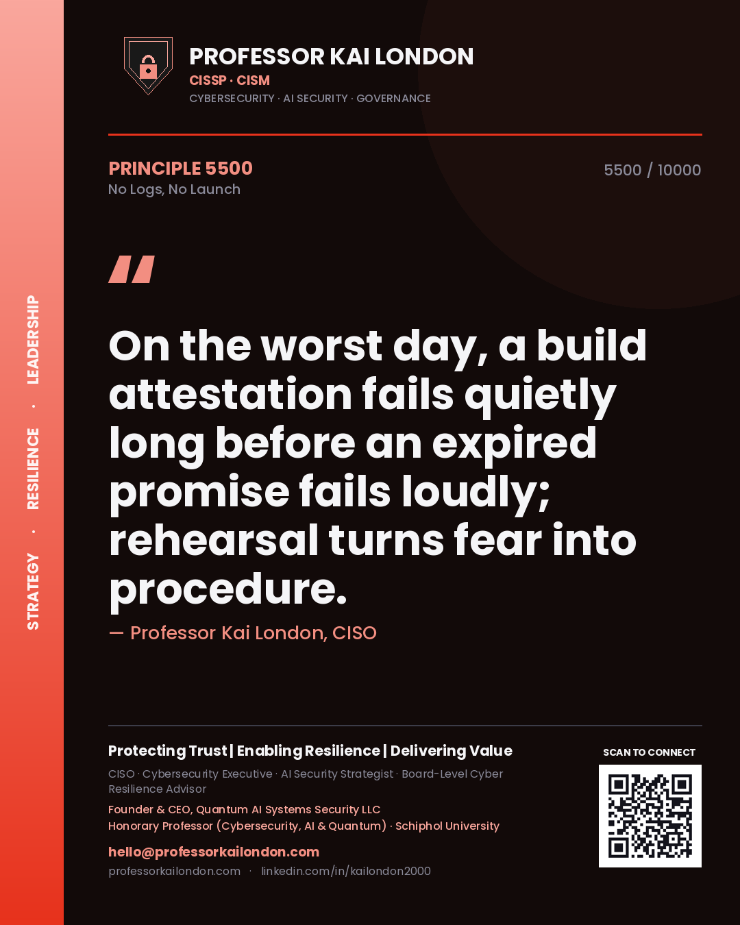 Professor Kai London principle 5500: On the worst day, a build attestation fails quietly long before an expired promise fails loudly; rehearsal turns fear into procedure.