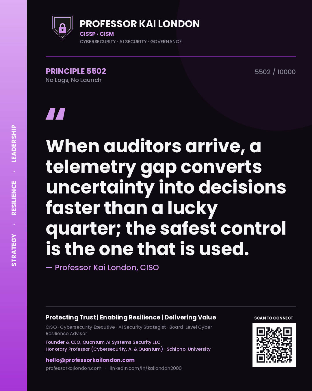 Quote card by Professor Kai London reading 'When auditors arrive, a telemetry gap converts uncertainty into decisions faster than a lucky quarter; the safest control is the one that is used.'. From the book No Logs, No Launch.