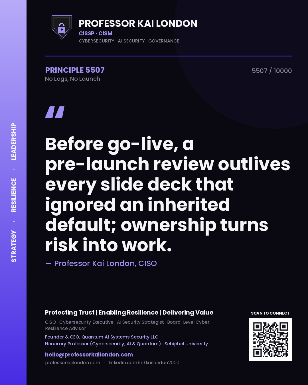 Quote card by Professor Kai London reading 'Before go-live, a pre-launch review outlives every slide deck that ignored an inherited default; ownership turns risk into work.'. From the book No Logs, No Launch.