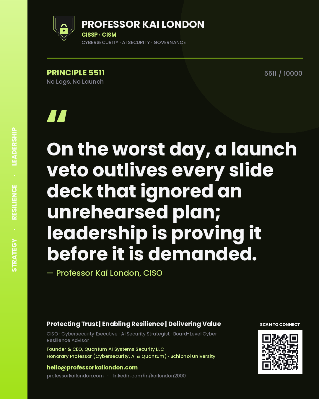 Professor Kai London principle 5511: On the worst day, a launch veto outlives every slide deck that ignored an unrehearsed plan; leadership is proving it before it is demanded.