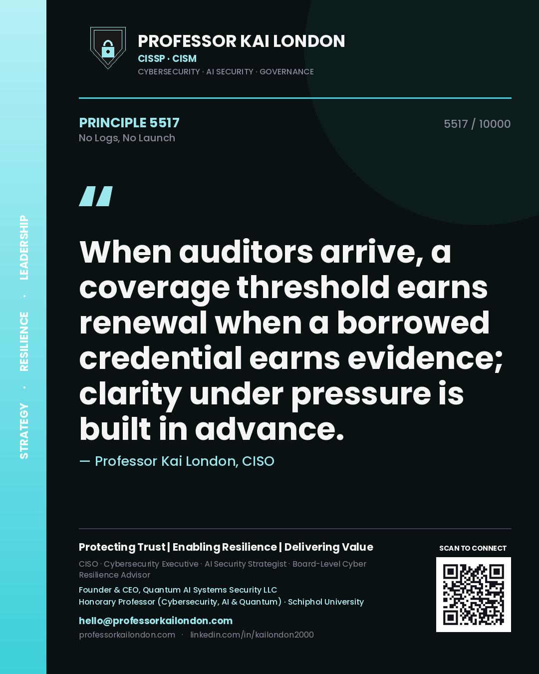 Quote card by Professor Kai London reading 'When auditors arrive, a coverage threshold earns renewal when a borrowed credential earns evidence; clarity under pressure is built in advance.'. From the book No Logs, No Launch.