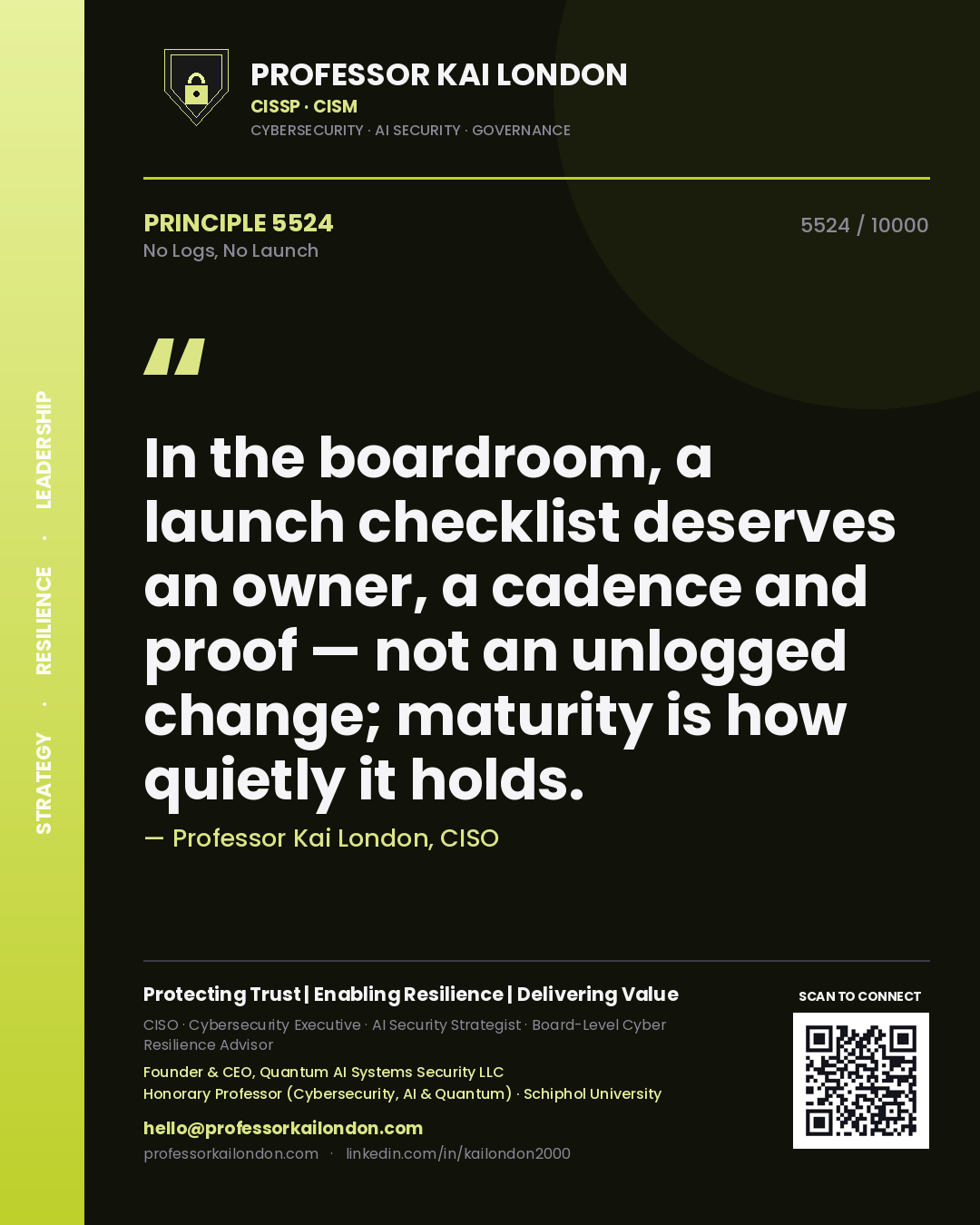 Professor Kai London principle 5524: In the boardroom, a launch checklist deserves an owner, a cadence and proof — not an unlogged change; maturity is how quietly it holds.