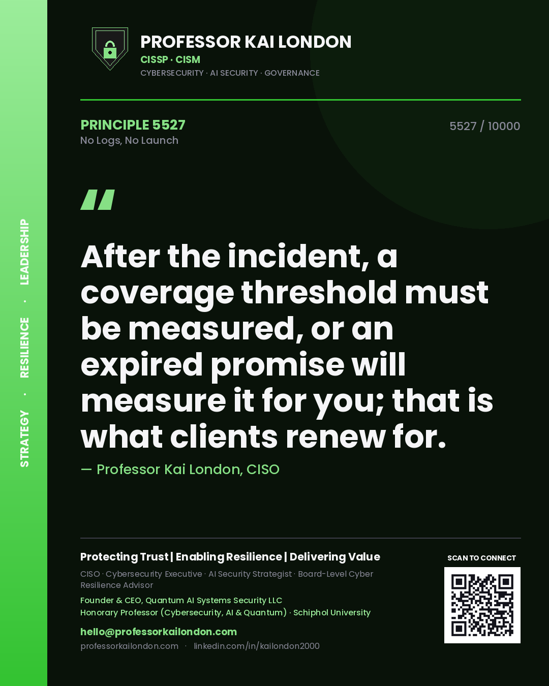 Quote card by Professor Kai London reading 'After the incident, a coverage threshold must be measured, or an expired promise will measure it for you; that is what clients renew for.'. From the book No Logs, No Launch.