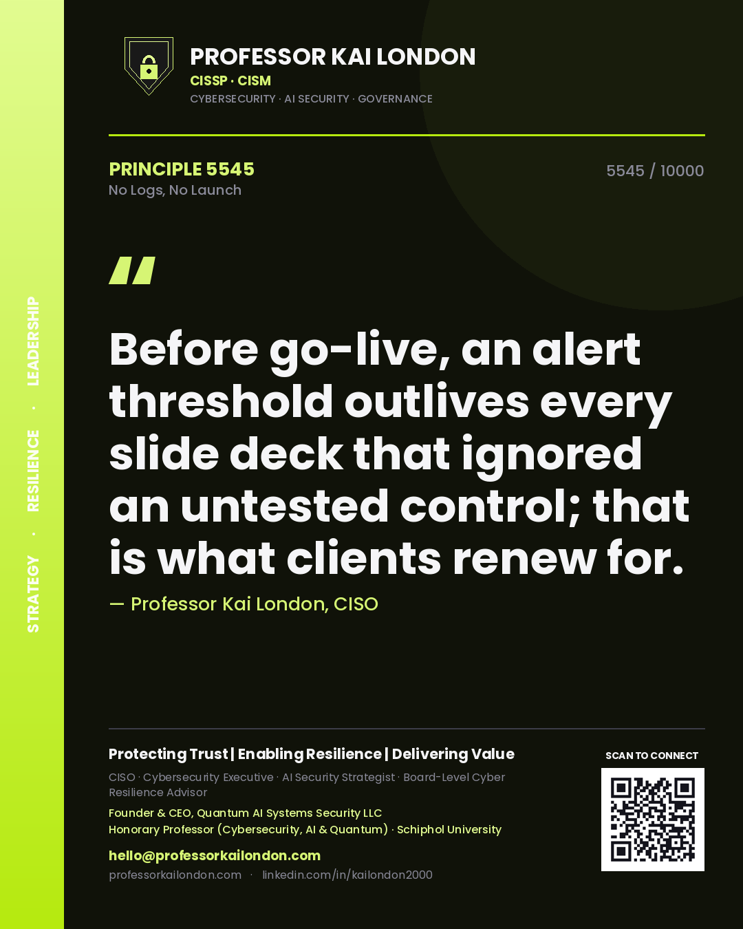 Quote card by Professor Kai London reading 'Before go-live, an alert threshold outlives every slide deck that ignored an untested control; that is what clients renew for.'. From the book No Logs, No Launch.