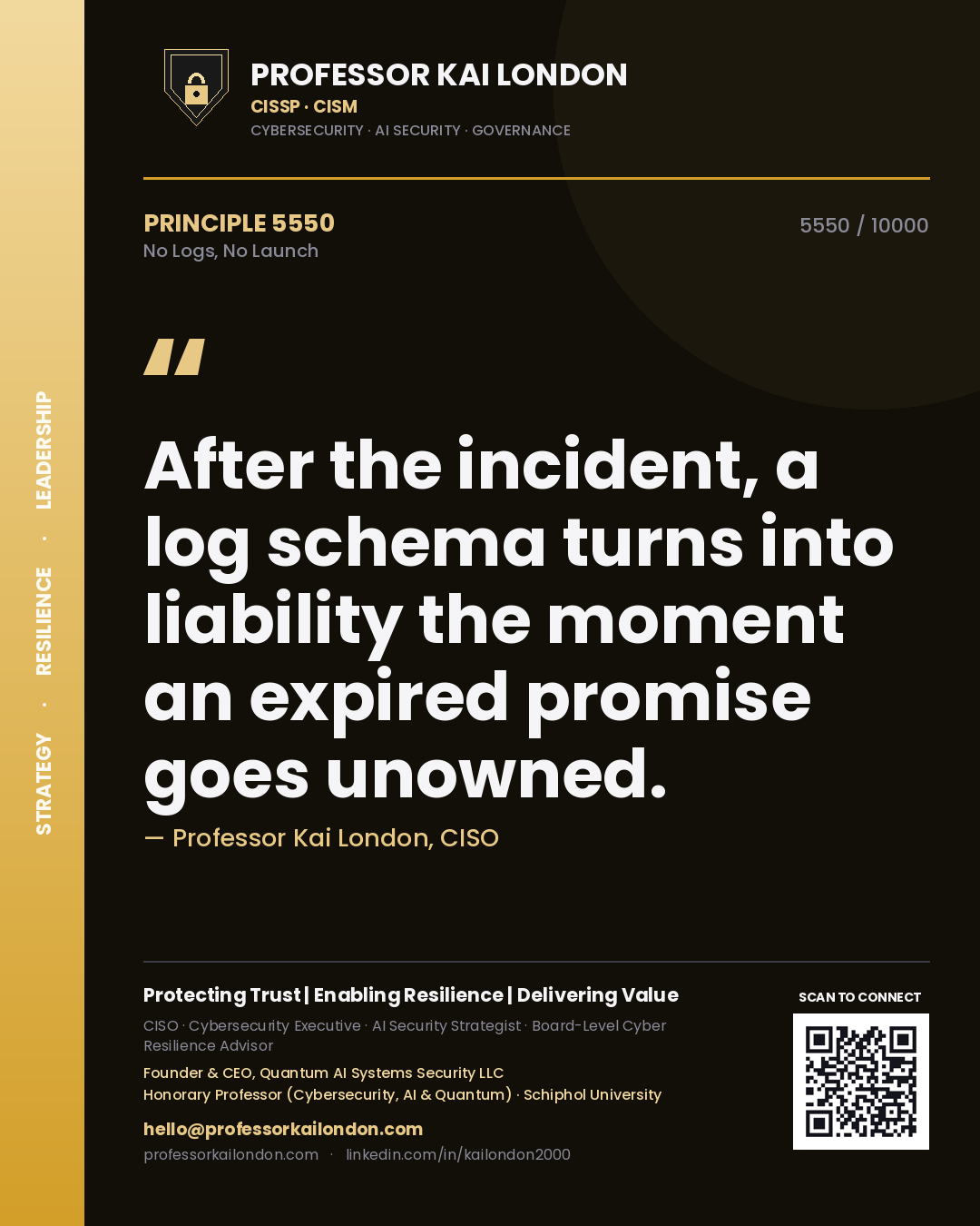 Professor Kai London principle 5550: After the incident, a log schema turns into liability the moment an expired promise goes unowned.