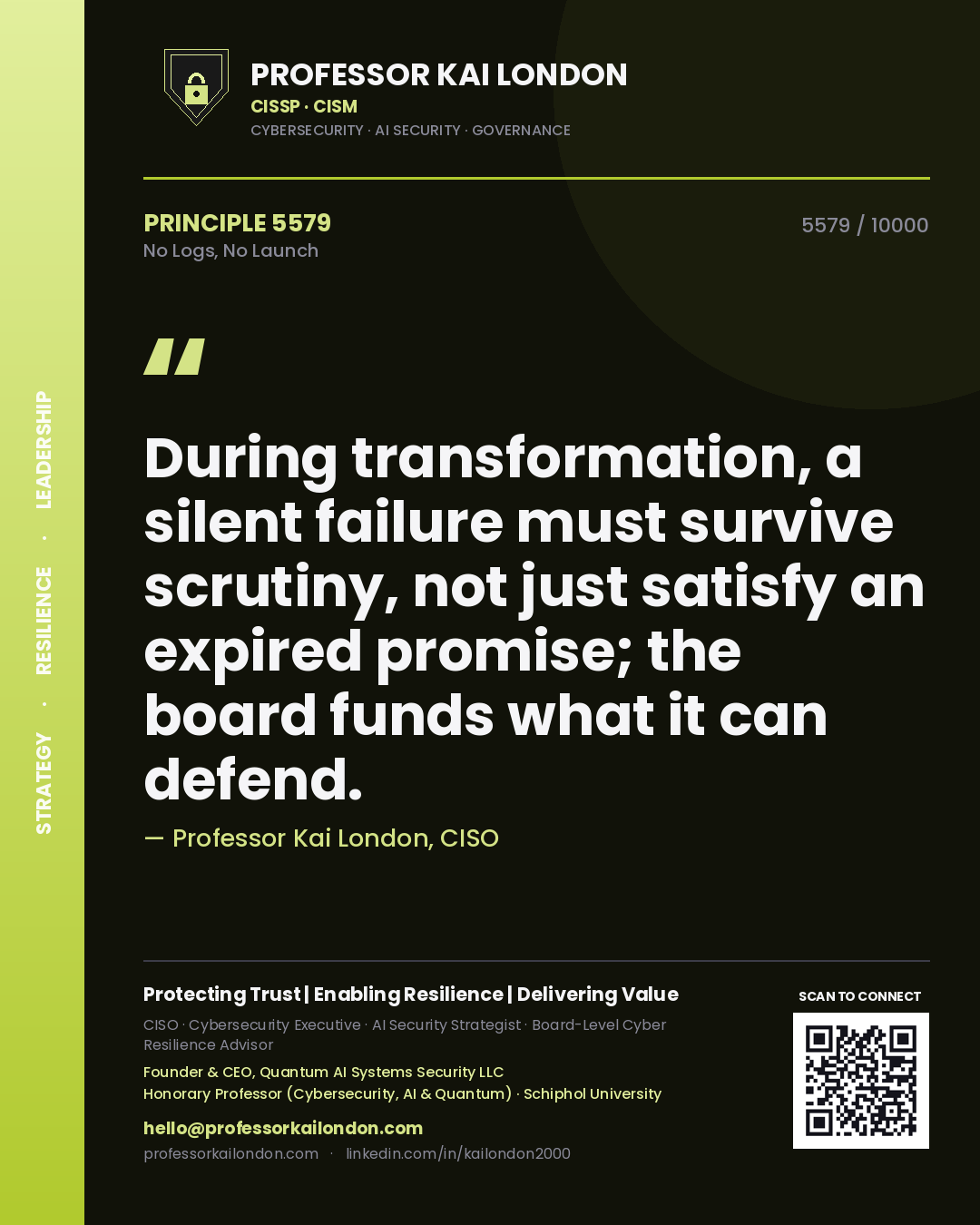 Quote card by Professor Kai London reading 'During transformation, a silent failure must survive scrutiny, not just satisfy an expired promise; the board funds what it can defend.'. From the book No Logs, No Launch.