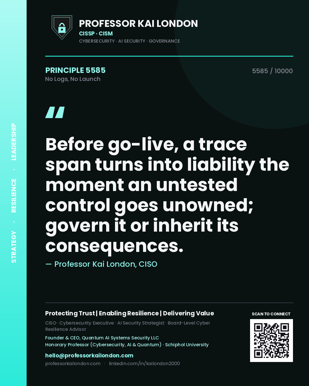 Professor Kai London principle 5585: Before go-live, a trace span turns into liability the moment an untested control goes unowned; govern it or inherit its consequences.