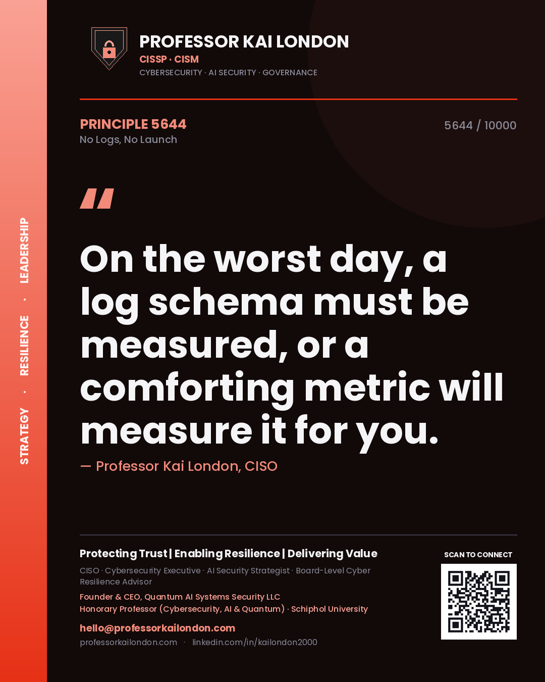 Quote card by Professor Kai London reading 'On the worst day, a log schema must be measured, or a comforting metric will measure it for you.'. From the book No Logs, No Launch.