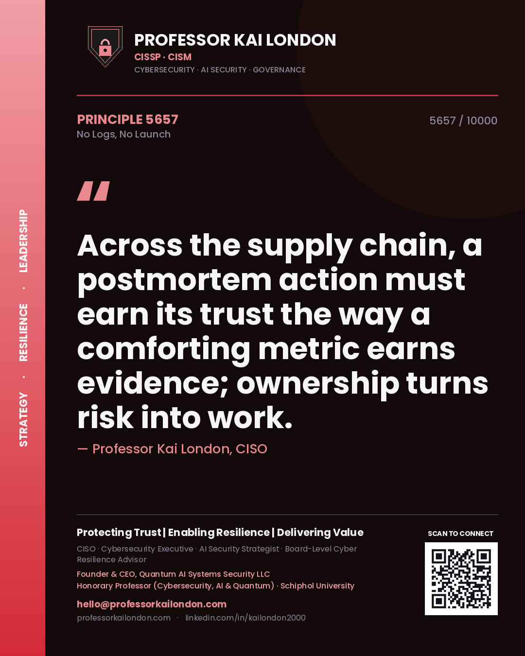 Professor Kai London principle 5657: Across the supply chain, a postmortem action must earn its trust the way a comforting metric earns evidence; ownership turns risk into work.