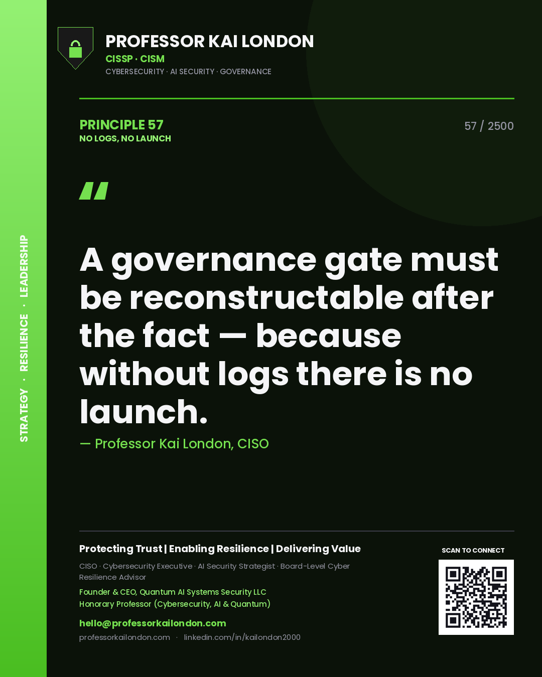 Quote card by Professor Kai London reading 'A governance gate must be reconstructable after the fact — because without logs there is no launch.'. From the book No Logs, No Launch.
