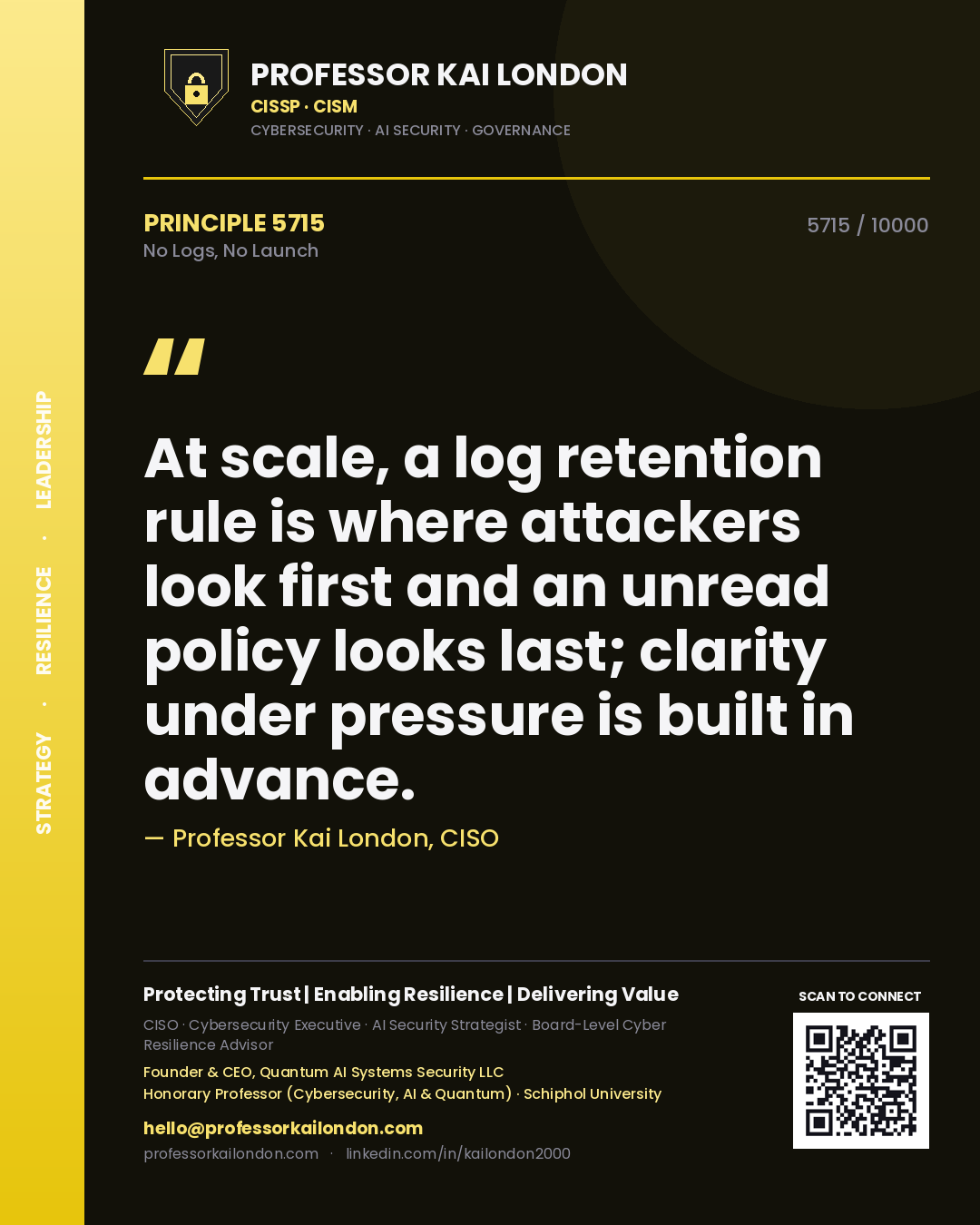 Professor Kai London principle 5715: At scale, a log retention rule is where attackers look first and an unread policy looks last; clarity under pressure is built in advance.