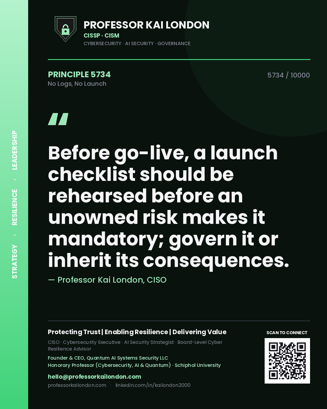 Professor Kai London principle 5734: Before go-live, a launch checklist should be rehearsed before an unowned risk makes it mandatory; govern it or inherit its consequences.