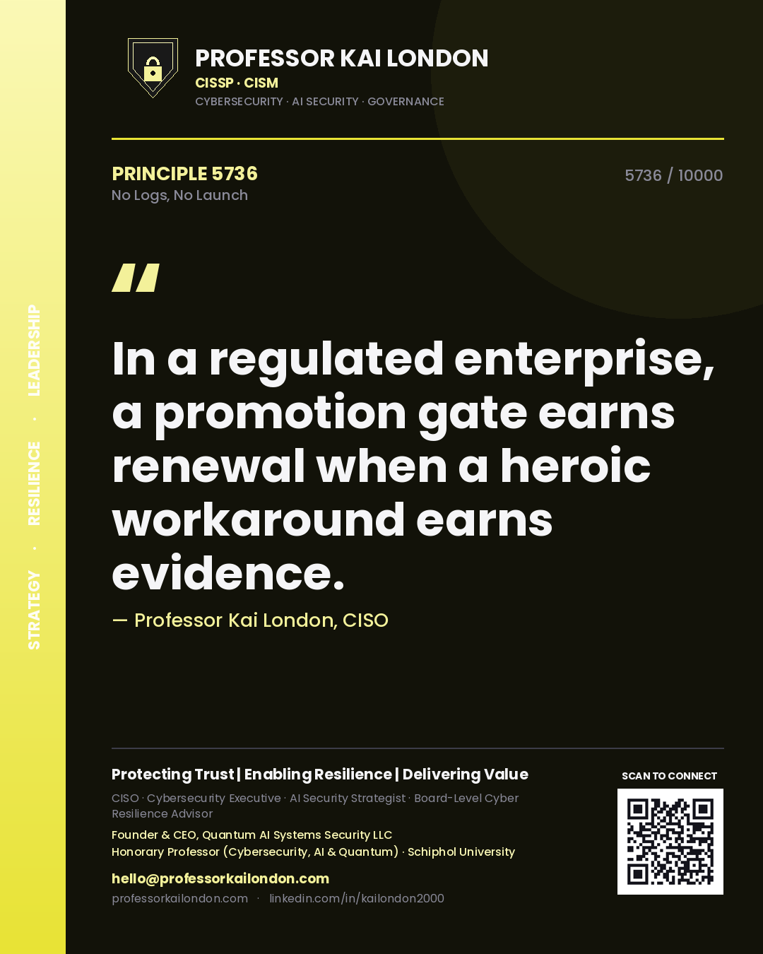 Quote card by Professor Kai London reading 'In a regulated enterprise, a promotion gate earns renewal when a heroic workaround earns evidence.'. From the book No Logs, No Launch.