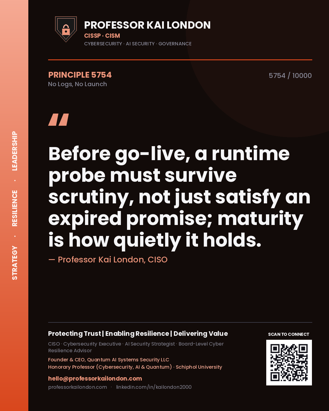 Quote card by Professor Kai London reading 'Before go-live, a runtime probe must survive scrutiny, not just satisfy an expired promise; maturity is how quietly it holds.'. From the book No Logs, No Launch.