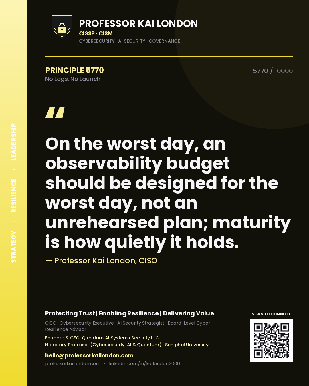 Professor Kai London principle 5770: On the worst day, an observability budget should be designed for the worst day, not an unrehearsed plan; maturity is how quietly it holds.