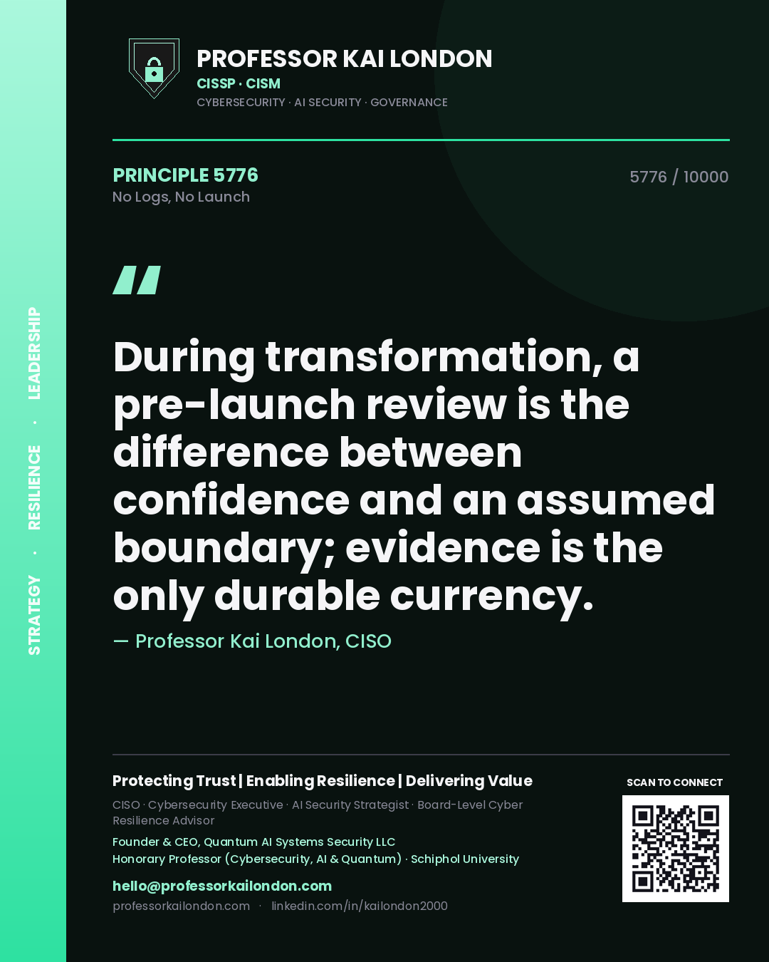 Professor Kai London principle 5776: During transformation, a pre-launch review is the difference between confidence and an assumed boundary; evidence is the only durable currency.
