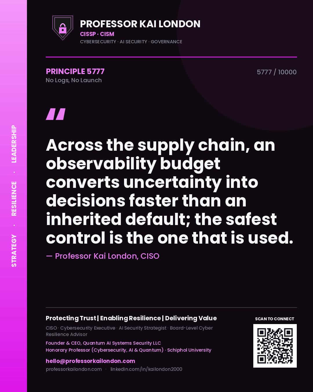 Quote card by Professor Kai London reading 'Across the supply chain, an observability budget converts uncertainty into decisions faster than an inherited default; the safest control is the one that is used.'. From the book No Logs, No Launch.