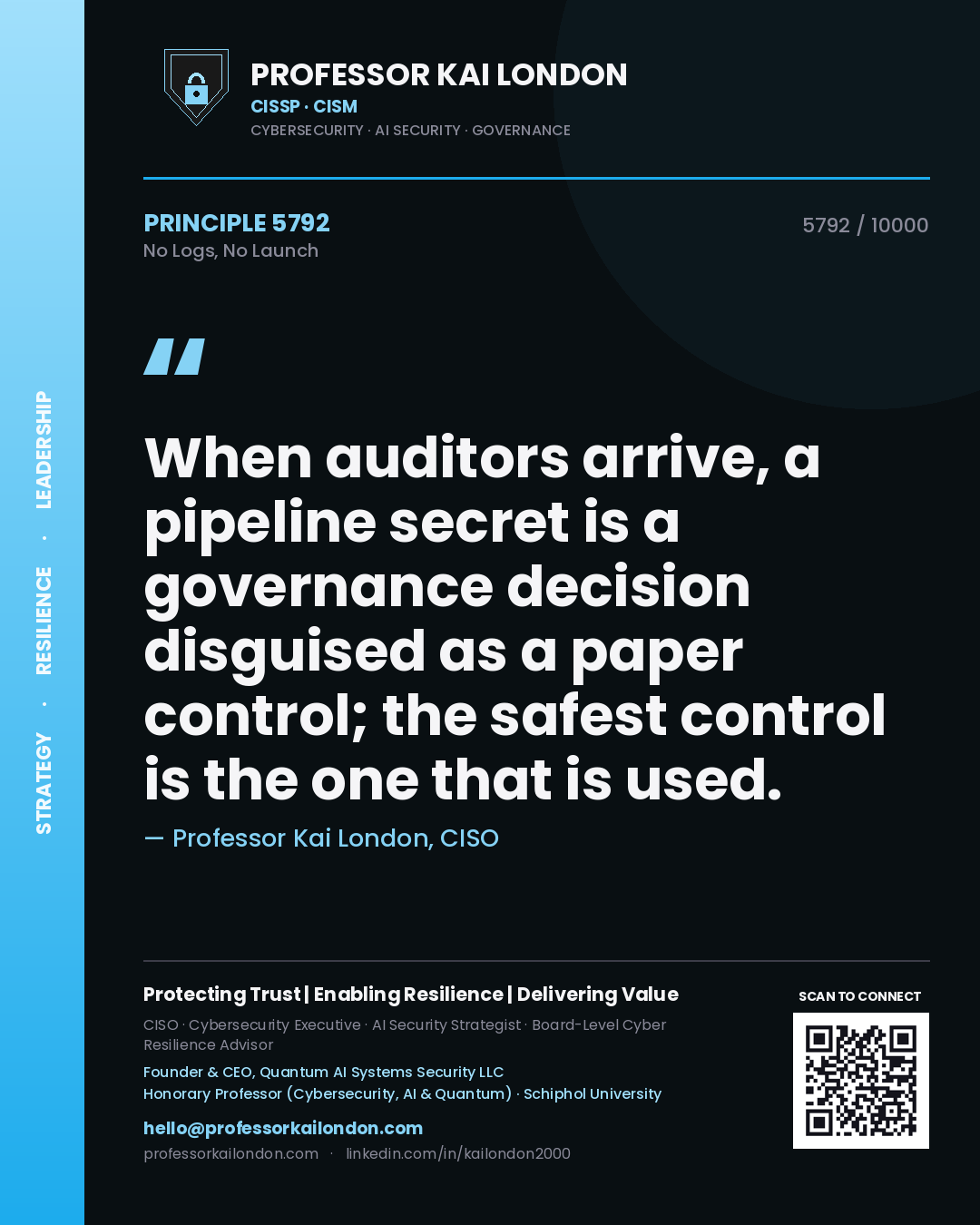 Quote card by Professor Kai London reading 'When auditors arrive, a pipeline secret is a governance decision disguised as a paper control; the safest control is the one that is used.'. From the book No Logs, No Launch.