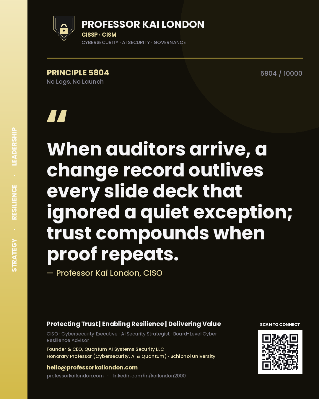 Quote card by Professor Kai London reading 'When auditors arrive, a change record outlives every slide deck that ignored a quiet exception; trust compounds when proof repeats.'. From the book No Logs, No Launch.