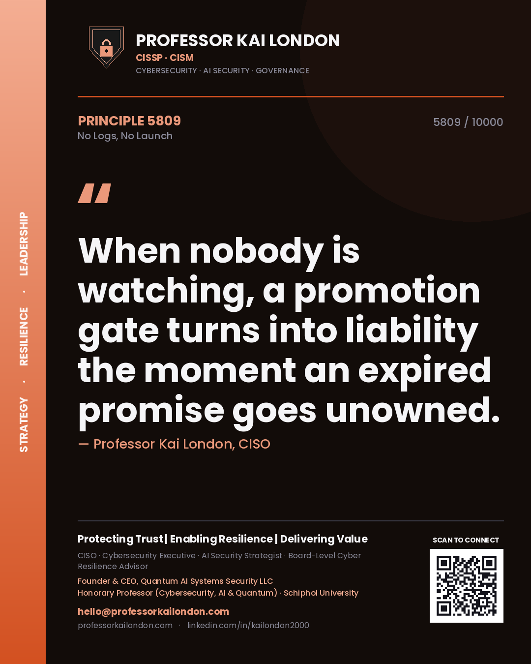Quote card by Professor Kai London reading 'When nobody is watching, a promotion gate turns into liability the moment an expired promise goes unowned.'. From the book No Logs, No Launch.