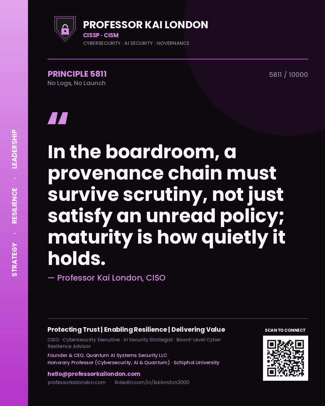 Quote card by Professor Kai London reading 'In the boardroom, a provenance chain must survive scrutiny, not just satisfy an unread policy; maturity is how quietly it holds.'. From the book No Logs, No Launch.
