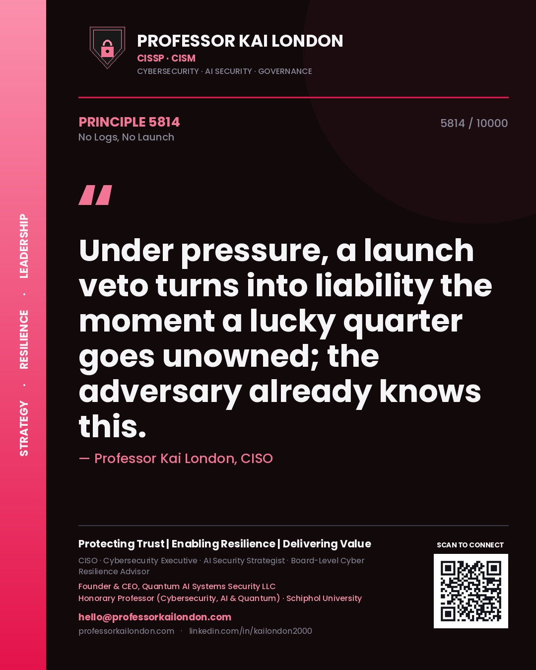 Quote card by Professor Kai London reading 'Under pressure, a launch veto turns into liability the moment a lucky quarter goes unowned; the adversary already knows this.'. From the book No Logs, No Launch.