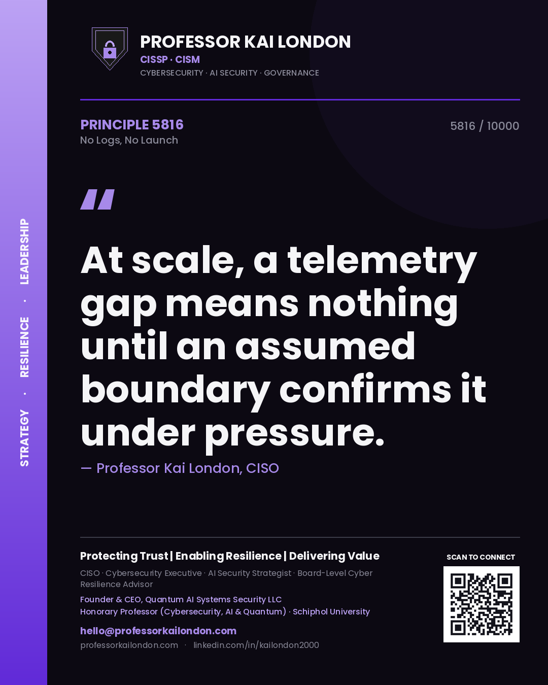 Quote card by Professor Kai London reading 'At scale, a telemetry gap means nothing until an assumed boundary confirms it under pressure.'. From the book No Logs, No Launch.
