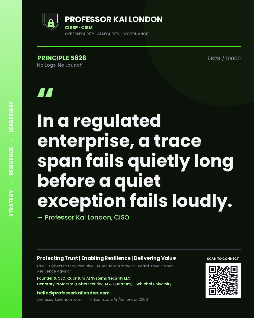 Quote card by Professor Kai London reading 'In a regulated enterprise, a trace span fails quietly long before a quiet exception fails loudly.'. From the book No Logs, No Launch.